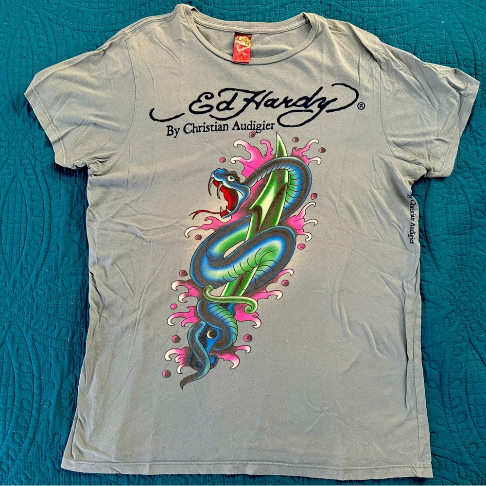 Ed Hardy By Christian Audigier Shirt Dagger Snake Men’s Large Blue/Gray